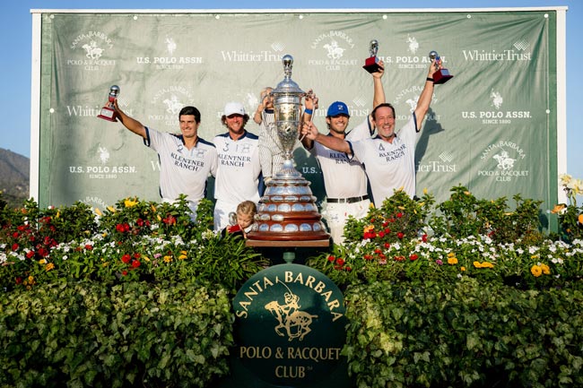 2026 U.S. Polo Assn. Pacific Coast Open Winners, Klentner Ranch, on stage with trophy
